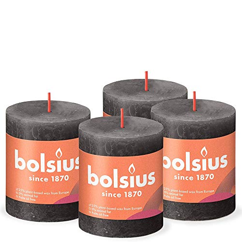 Bolsius Rustik Stumpenkerzen - Anthrazit - Set 4 Stück - Länge Brenndauer 35 Stunden - Unparfümierte - Natürliches Pflanzenwachs - Ohne Palmöl - 8 x 7 cm von bolsius