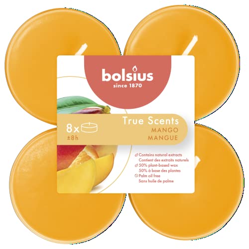 Bolsius 8 Tealights Maxi in Cup, transparent, 8 h, Farbe Orange, Duft Mango, True Scents von bolsius