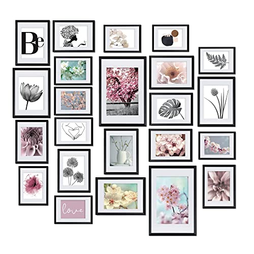 bomoe Bilderrahmen 24er Set Blossom – Fotorahmen für mehrere Bilder aus Kunststoff Bilderrahmen mit Passepartout - 10x 10,5x15cm / 8x 13x18cm / 4x 15x20cm / 2x 20x30cm Deko Fotowand - Schwarz von bomoe