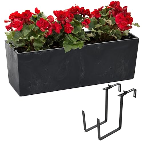 botle Set Blumenkasten Balkonkaste mit Blumentopfeinsatz Beton Optik Schwarz 56x19 H19,5cm + Halterung Metall Schwarz von botle