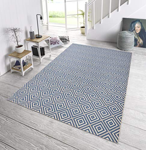 NORTHRUGS In- und Outdoor Teppich Karo 80x150cm - Wetterfest Modern Geometrisches Muster Kariert Allover Design Läufer für Balkon Terrasse Garten Wintergarten Wohnzimmerteppich Wasserfest in Blau von NORTHRUGS