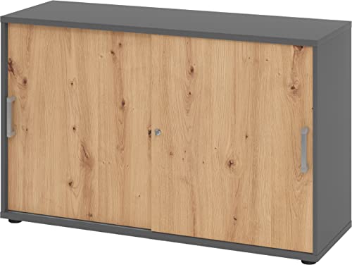 bümö Schiebetürenschrank 2OH - Aktenschrank abschließbar, Sideboard Schrank mit Schiebetüren in Graphit/Asteiche - Büroschrank aus Holz mit Schiebetür, Büro Kommode für Ordner & Co. von bümö