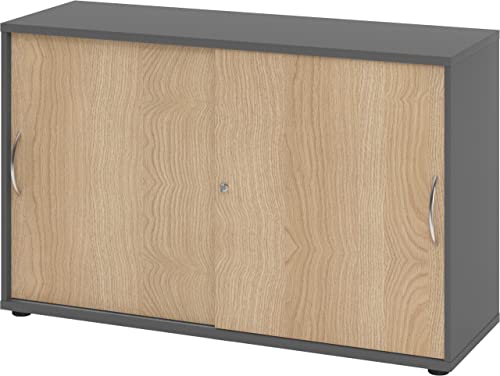 bümö Schiebetürenschrank 2OH - Aktenschrank abschließbar, Sideboard Schrank mit Schiebetüren in Graphit/Eiche - Büroschrank aus Holz mit Schiebetür, Büro Kommode für Ordner & Co. von bümö