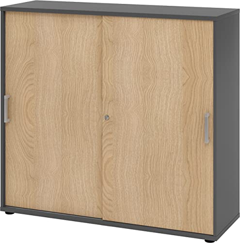 bümö Schiebetürenschrank 3OH - Aktenschrank abschließbar, Sideboard Schrank mit Schiebetüren in Graphit/Eiche - Büroschrank aus Holz mit Schiebetür, Büro Kommode für Ordner & Co. von bümö