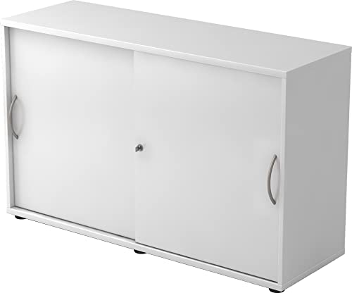 bümö Schiebetürenschrank 2OH - Aktenschrank abschließbar, Sideboard Schrank mit Schiebetüren in Weiss - Büroschrank aus Holz mit Schiebetür, Büro Kommode für Ordner & Co. von bümö