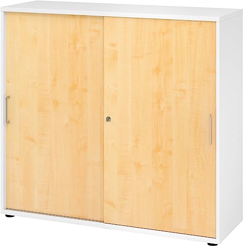 bümö Schiebetürenschrank 3OH - Aktenschrank abschließbar, Sideboard Schrank mit Schiebetüren in Weiß/Ahorn - Büroschrank aus Holz mit Schiebetür, Büro Kommode für Ordner & Co. von bümö