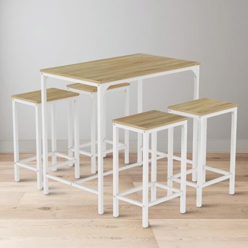 buybyroom Stehtisch mit 4 Barhockern, Bartisch mit Barhocker Set Esstisch Küchentisch 100 * 60 * 90CM, Esstisch 30 * 40 * 65CM Industrie-Design für Küche Esszimmer Wohnzimmer, Natürlich von buybyroom