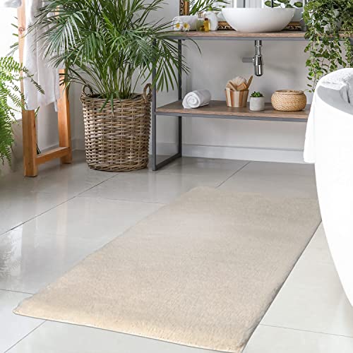 Badteppich Beige - 80x150 cm Einfarbig - Badematte rutschfest, waschbar, weich, saugfähig, schnelltrocknend - Badvorleger Hochflor Soft Touch Badezimmer von carpet city