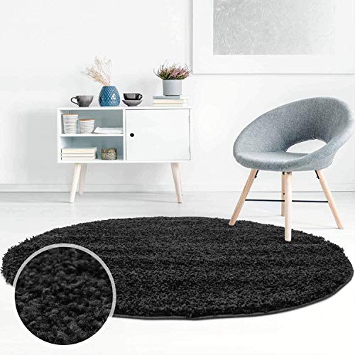 ayshaggy Shaggy Teppich Hochflor Langflor Einfarbig Uni Schwarz Weich Flauschig Wohnzimmer, Größe: 160 x 160 cm Rund von ayshaggy