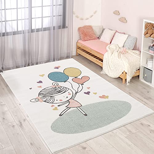 Kinderteppich - Mädchen Luftballon 120x160 cm Creme Multi- Kinderzimmer Teppich Modern von carpet city