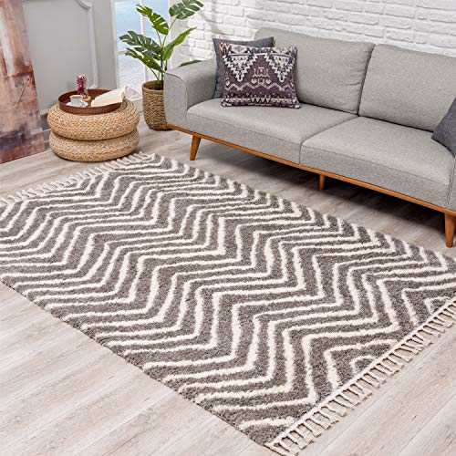 carpet city Teppich Hochflor Wohnzimmer - Ethno Chevron Design 120x160 cm Grau Creme - Teppiche mit Fransen von carpet city