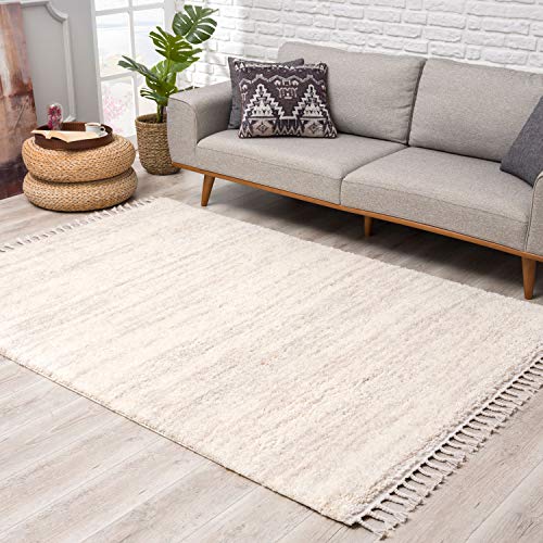 Teppich Hochflor Wohnzimmer - Ethno Stil Meliert 120x160 cm Creme - Teppiche mit Fransen von carpet city