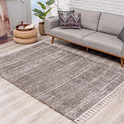 Teppich Hochflor Wohnzimmer - Ethno Stil Meliert 80x200 cm Grau Creme - Teppiche mit Fransen von carpet city