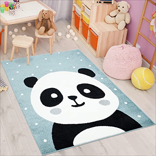 carpet city Kinderteppich Bubble Kids Flachflor Panda-Bär, weiß gepunktet in Petrol-Blau für Kinderzimmer; Größe: 80x150 cm von carpet city