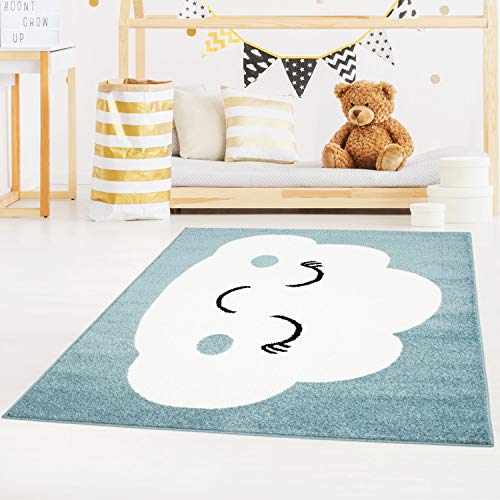 carpet city Kinderteppich Bubble Kids Flachflor mit Wolken-Motiv in Petrol-Blau für Kinderzimmer; Größe: 140x200 cm von carpet city