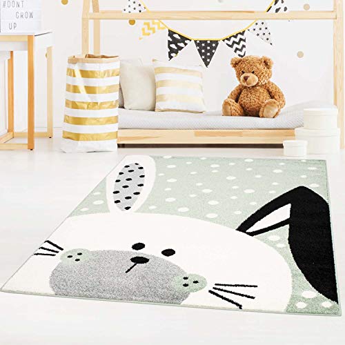 carpet city Kinderteppich Hase Grün 140 x 200 - Weiß Gepunktet - Kinderzimmer-Teppiche Tiermotiv von carpet city