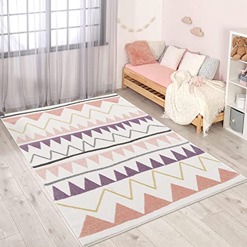 carpet city Kinderteppich Läufer - Zickzack-Motiv 80x150 cm Creme Rosa - Kinderzimmer Teppich Modern Mädchen von carpet city