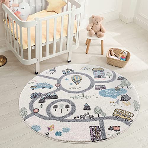 carpet city Kinderteppich - Straßen-Stadt-Motiv 120 cm Rund Creme Multi - Kinderzimmer Teppich Modern von carpet city