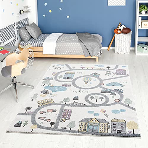 carpet city Kinderteppich - Straßen-Stadt-Motiv Creme Multi - Kinderzimmer Teppich Modern (120 cm x 160 cm) von carpet city