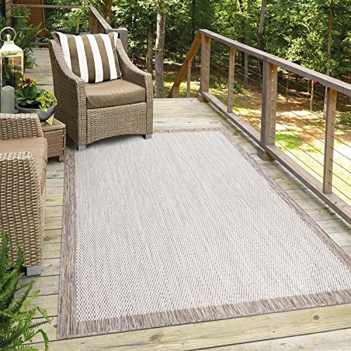 carpet city Outdoor-Teppich Wetterfest Balkon Terrassen - Beige in 150x150 cm Quadratisch- Deko Teppiche Außen Wasserfest - Balkondekoration Bordüre Wohnzimmerteppiche von carpet city