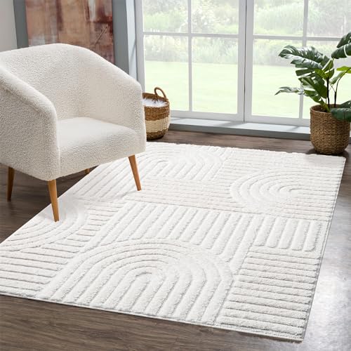 carpet city Teppich Hochflor Wohnzimmer - 80x150 cm - Einfarbig Weiß/Creme - Hochtief-Muster/ 3D-Effekt Geometrisch - Shaggy Teppiche Schlafzimmer Boho, Scandi von carpet city