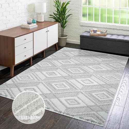 carpet city Teppich-Läufer Kurzflor Flur - Grau, Beige - 80x150 cm - Teppiche Fransen Boho-Style - Rauten-Muster - Schlafzimmer, Wohnzimmer von carpet city