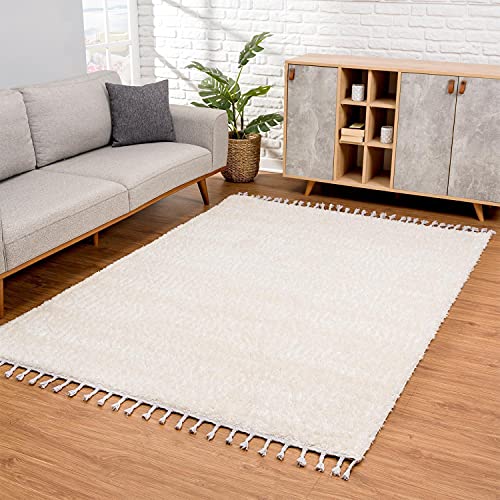 carpet city Teppich Wohnzimmer - Shaggy Hochflor Creme - 80x150 cm Einfarbig - Moderne Teppiche mit Fransen von carpet city