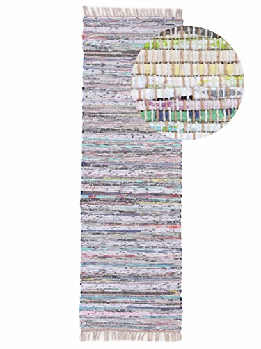carpetfine Flickenteppich Kelim Chindi Läufer beige 60x180 cm | Fleckerlteppich aus Baumwolle für Wohnzimmermit Fransen von carpetfine
