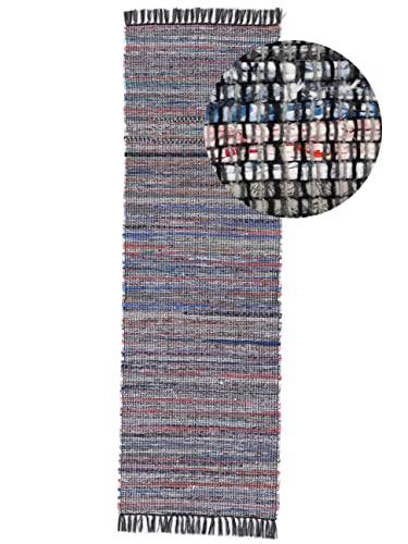 carpetfine Flickenteppich Kelim Chindi Läufer schwarz 75x200 cm | Fleckerlteppich aus Baumwolle für Wohnzimmermit Fransen von carpetfine