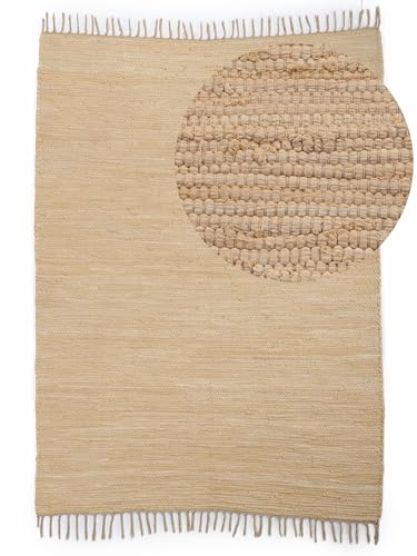 carpetfine Flickenteppich Kelim Chindi Uni Beige 90x160 cm, handgewebt | Fleckerlteppich aus Baumwolle für Wohnzimmermit Fransen von carpetfine