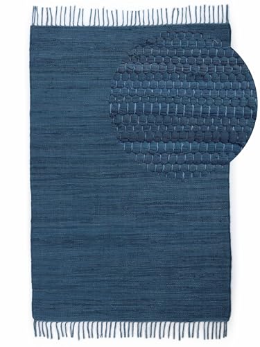 carpetfine Flickenteppich Kelim Chindi Uni Blau 90x160 cm, handgewebt | Fleckerlteppich aus Baumwolle für Wohnzimmermit Fransen von carpetfine