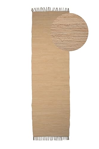 carpetfine Flickenteppich Kelim Chindi Uni Läufer Beige 60x180 cm, handgewebt | Fleckerlteppich aus Baumwolle für Wohnzimmermit Fransen von carpetfine