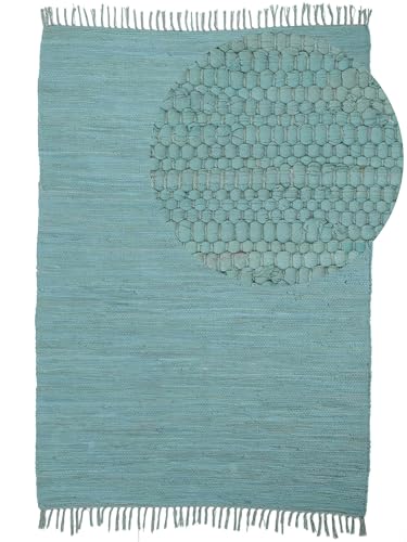 carpetfine Flickenteppich Kelim Chindi Uni Türkis 90x160 cm, handgewebt | Fleckerlteppich aus Baumwolle für Wohnzimmermit Fransen von carpetfine
