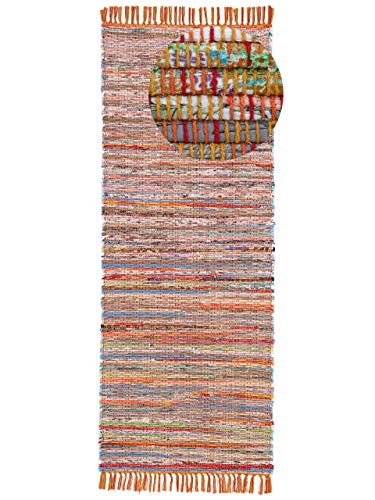 carpetfine Flickenteppich Kelim Chindi Läufer Orange 75x240 cm | Fleckerlteppich aus Baumwolle für Wohnzimmermit Fransen von carpetfine