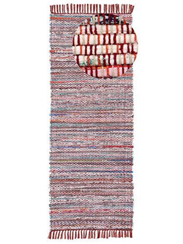 carpetfine Flickenteppich Kelim Chindi Läufer Rot 75x200 cm | Fleckerlteppich aus Baumwolle für Wohnzimmermit Fransen von carpetfine