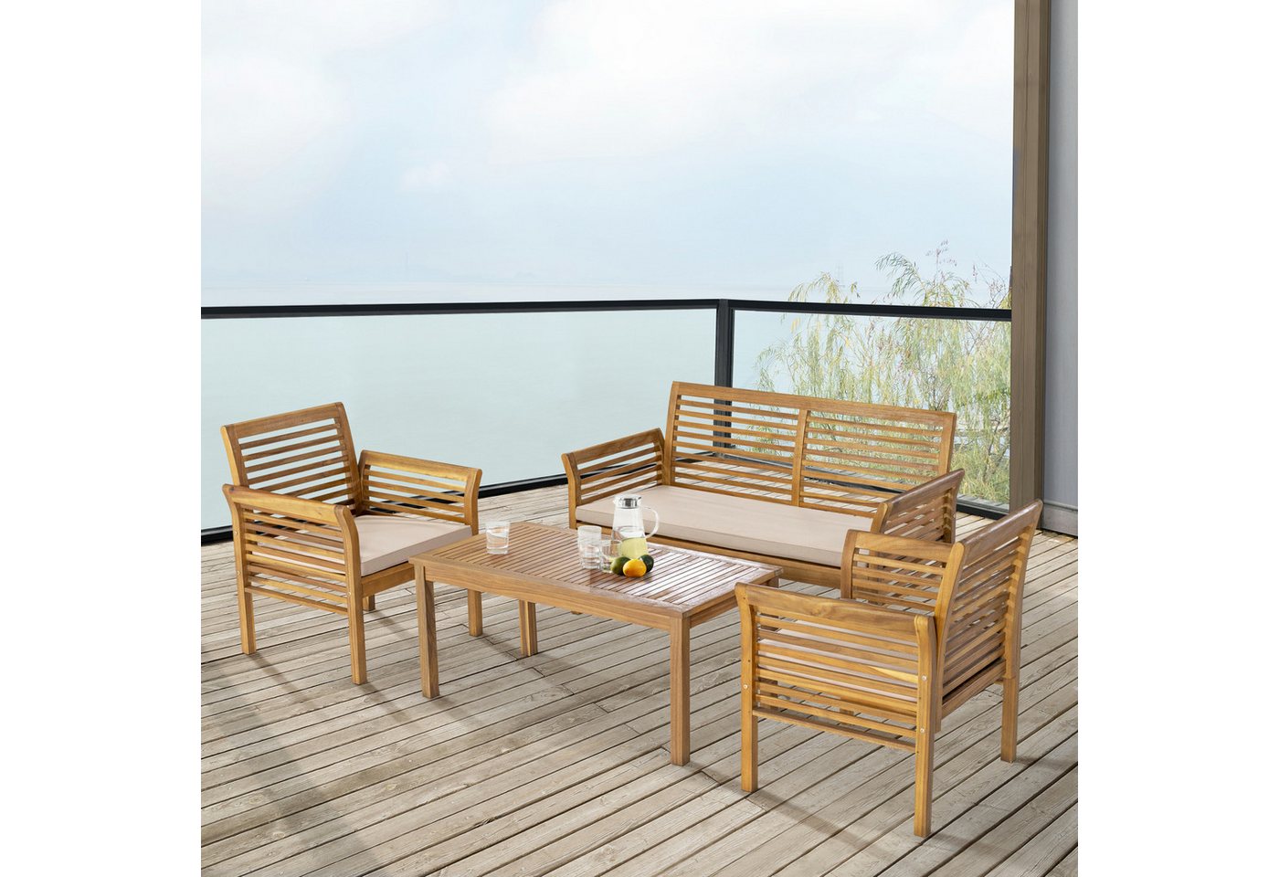 casa.pro Gartenlounge-Set, (4-tlg., 1 Tisch, 2 Stühle, 1 Sitzbank inkl. Kissen), »Candela« Akazie Holzfarben von casa.pro