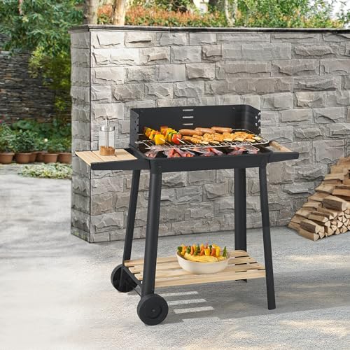 casa.pro Grillwagen Ari Holzkohlegrill BBQ Grillrost aus emailliertem Edelstahl Gartengrill 2 Räder Windschutz mit Grillrosthöhenverstellung 78x86x30cm Schwarz/Holz von casa.pro