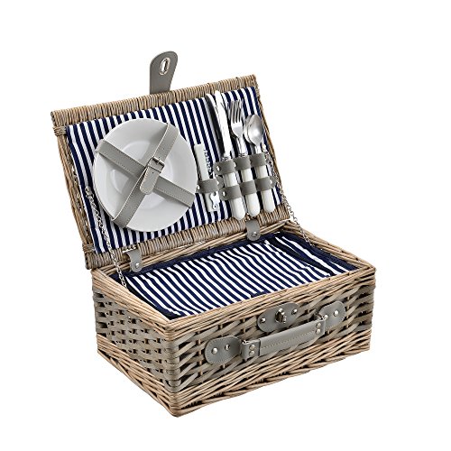 casa.pro Picknickkorb für 2 Personen Picknick-Set mit Kühltasche inkl. Geschirr Besteck Korkenzieher und Gläser Blau-Weiß von casa.pro