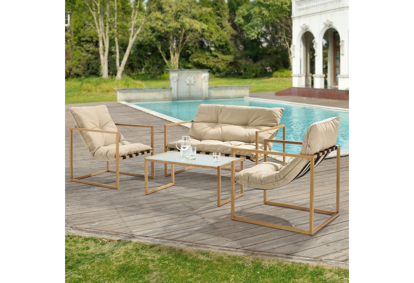 casa.pro Sitzgruppe, (Set, 4-tlg., 1x Couchtisch mit einer Sitzbank und 2 Stühlen), »Dallas« Gartenmöbel Set 4-teilig mit Polsterkissen Holz/Khaki von casa.pro