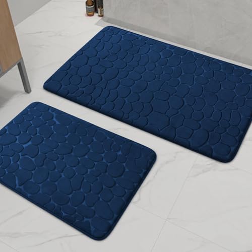 chakme Badezimmer Teppiche Sets 2 Stück, Cobblestone Memory Foam Badezimmer Matten Set dick, Anti-Rutsch-Badematten für Bad,absorbierend waschbar dunkelblau Badteppiche für Wanne, WC und Boden von chakme