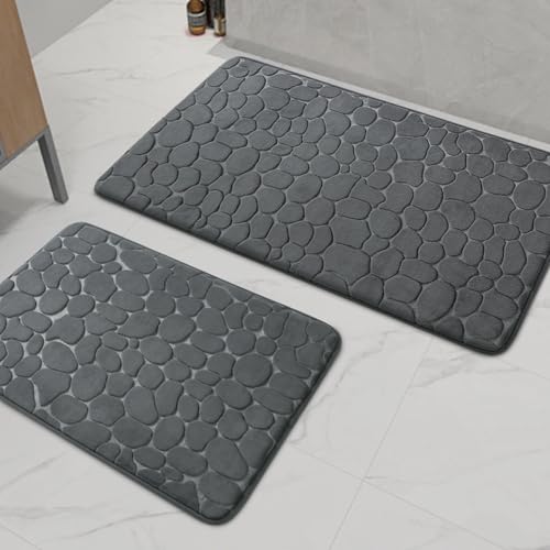 chakme Badezimmer Teppiche Sets 2 Stück, Cobblestone Memory Foam Badezimmer Matten Set dick, Anti-Rutsch-Badematten für Bad,absorbierend waschbar dunkelgrau Badteppiche für Wanne, WC und Boden von chakme