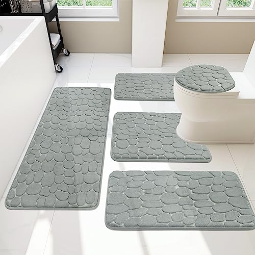 chakme Badezimmer Teppiche Sets 5 Stück, Cobblestone Memory Foam Badezimmer Matten Set dick, Anti-Rutsch-Badematten für Bad,absorbierend waschbar hellgrau Badteppiche für Wanne, WC und Boden von chakme