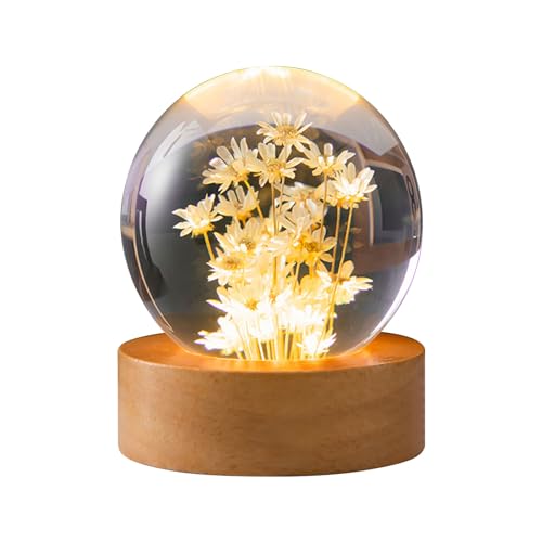 3D Blume Kristallkugel Nachtlicht, 6cm Glaskugel Nachtlampe mit Holzsockel, Kristallkugel Lampe mit Gänseblümchen Ewige Blume für Zuhause Tischdekorationen Geburtstag Weihnachtsgeschenke (Gelbes von cimsfcor