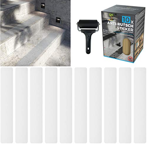 cocofy Anti-Rutsch Sticker für Treppen außen und innen,10x Streifen (61x10 cm) semi transparent durchsichtig, Starker Halt Dank Spezial-Outdoor-Oberfläche, Rutsch-Schutz für Treppenstufen von cocofy