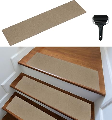 cocofy Treppenstufen Matten modern 15er Set, 75x20 cm groß Filz selbstklebend Stufenmatten innen 15 Stück Teppich Treppenstufen Treppenteppich selbstklebend Treppen Stufenteppich beige von cocofy