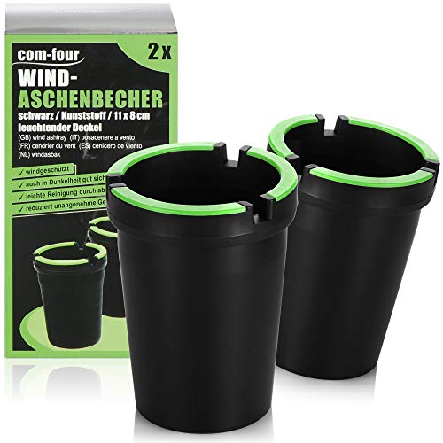 com-four® 2x Aschenbecher für draußen - Windaschenbecher - Sturmaschenbecher mit leuchtendem Deckel - Autoaschenbecher, Ø 8 cm (02 Stück - schwarz) von com-four