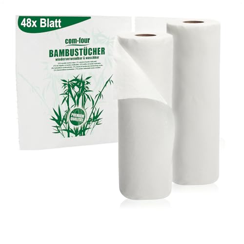 COM-FOUR® 2x Küchenrolle, saugstarke Bambus-Allzwecktücher, wiederverwendbare 24 Blatt je Rolle, waschbare Haushaltstücher, umweltfreundliches Naturprodukt (2 Rollen à 24 Blatt - weiß) von com-four