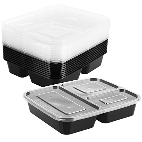 com-four® 10x Vorratsschale mit Deckel - Meal Prep Container - Essensbox 3-geteilt - Frischhaltebox (10 Stück - schwarz - 3-geteilt) von com-four