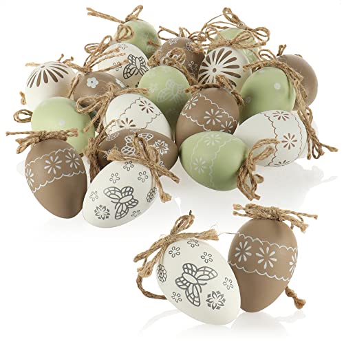 com-four® 18x Dekoaufhänger Ostern - Ostereier aus Kunststoff zum Aufhängen - Aufhänger für den Osterstrauß in dezenten Farben (18 Stück - weiß beige Mint) von com-four