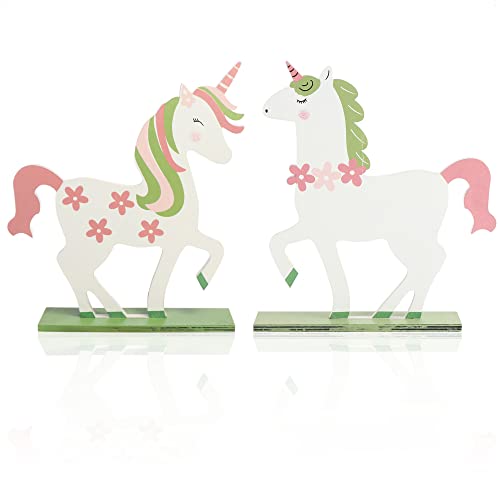 com-four® 2X Einhorn aus Holz zum Aufstellen - Oster-Deko aus Holz - Aufsteller mit Einhorn-Figur - Holz-Deko für Ostern zum Hinstellen (Einhorn weiß pink grün) von com-four